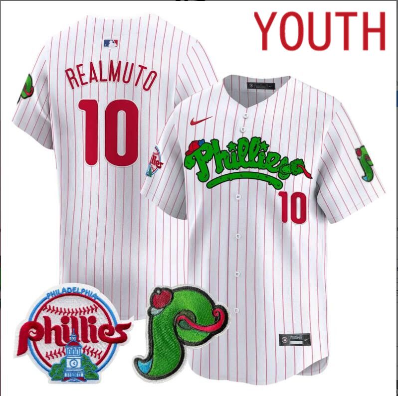 Youth Philadelphia Phillies #10 Realmuto white with red strips Limited 2024 MLB Nike jersey->youth nfl jersey->Youth Jersey